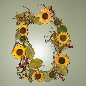 Wispy Square Sunflower Wreath 22 x 19 Large Sunflowers, Fall Leaves and Berries, Perfect for your Door Living Room Bedroom Kitchen