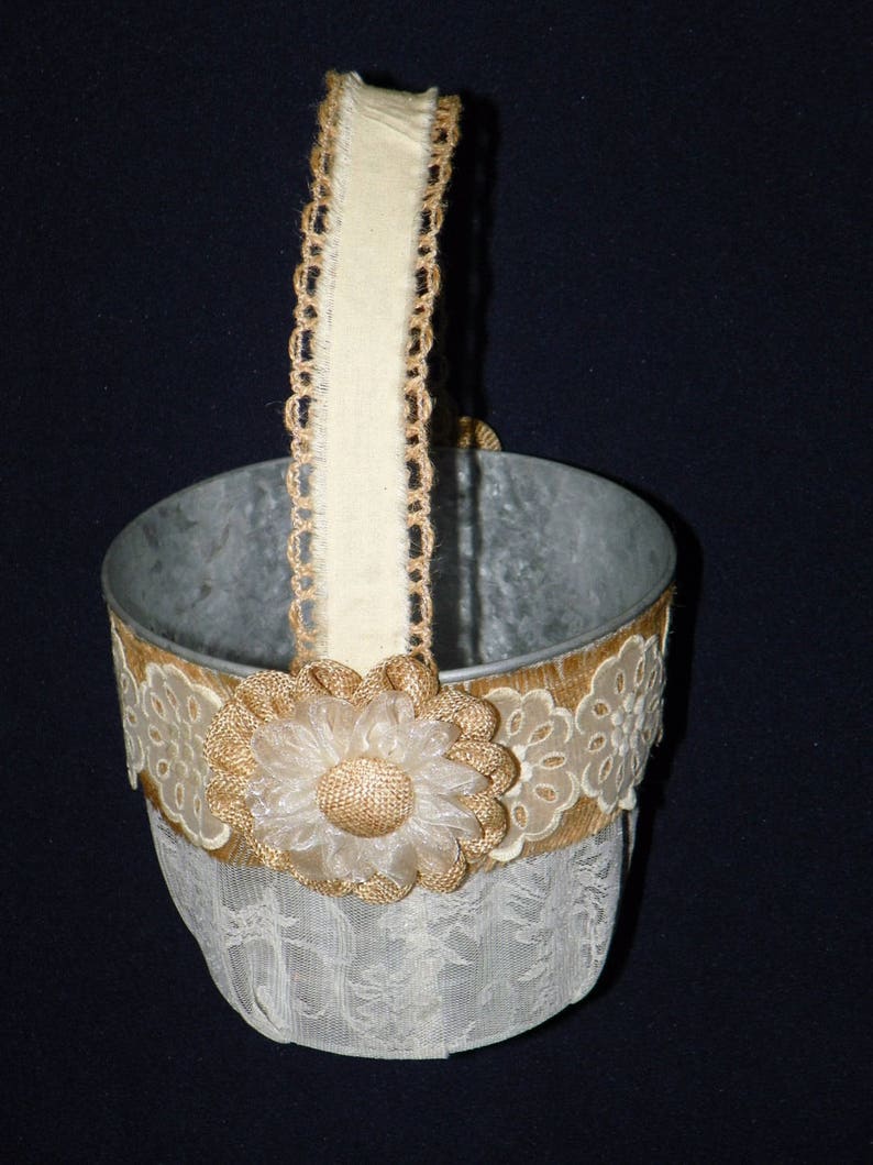 Covered with Lace and Burlap Flower Girl Basket in Grey Galvanized Covered with Lace a 6 Inch Metal Bucket Perfect for Rose Petals