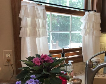 Handmade Linen Curtains with Top Ruffles - Cottage Style Drapes - Pair