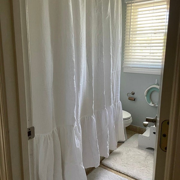 Ruffled SHOWER CURTAIN Ruffled Linen Shower Curtain Custom Sizes Fabrics  Ruffled Curtains Bath Decor French Ruffled Linen Curtains