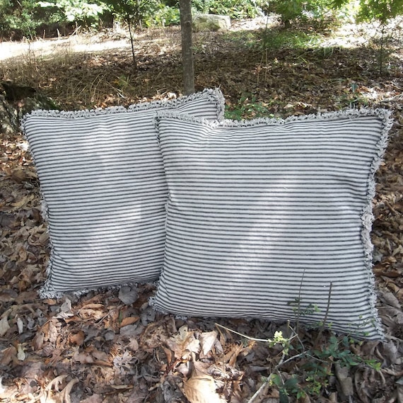Ticking Stripe Pillows Covers - Striped Pillow Shams - Custom Sizes and Colors - Frayed Edge - Handmade