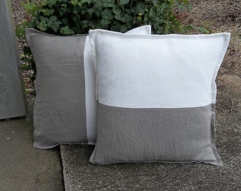 Linen Colorblock Pillows Custom Linen Pillow Shams White Linen Pillow Covers Decorative Pillows Natural Linen Bed Pillows Set of 2