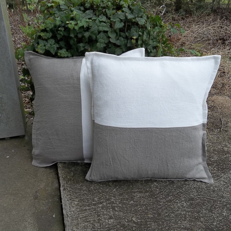 Linen Colorblock Pillows Custom Linen Pillow Shams White Linen Pillow Covers Decorative Pillows Natural Linen Bed Pillows Set of 2 image 1
