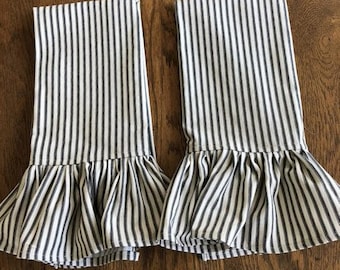 Pair Striped Towels with Ruffles Choose your Color Ruffled Bath Towels Hand towels Kitchen Towels French Handmade Sold Separately or Set