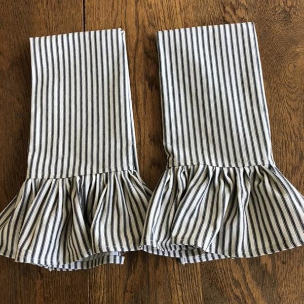 Pair Striped Towels with Ruffles Choose your Color Ruffled Bath Towels Hand towels Kitchen Towels French Handmade Sold Separately or Set