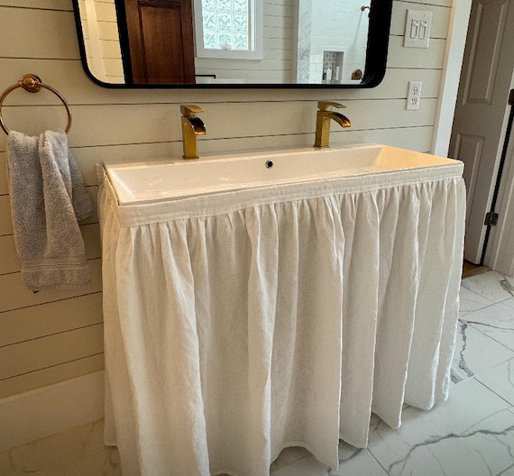 Custom Ruffled Sink Skirt - Handmade Velcro Vanity Curtain - Stick On Adhesive Curtains