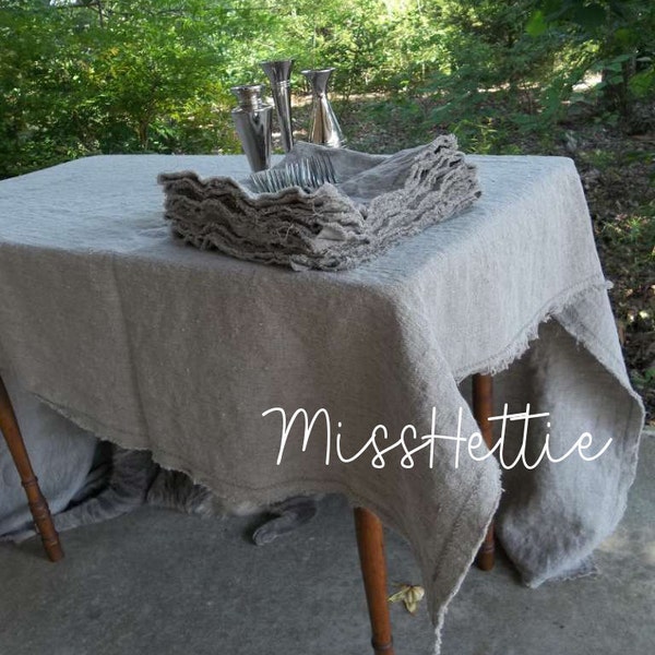 Natural Linen Tablecloth – Custom Sizes - Frayed Edge Table Cloth Matching Napkins - Handmade