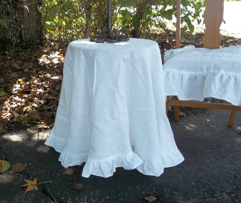 Round White Tablecloth Ready To Ship Ruffled Linen Table Cloth 62 Inch Handmade Wedding Setting French Country Cottage Chic