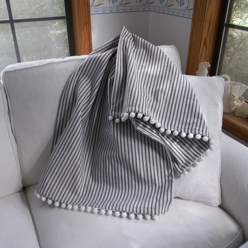 Ticking Sofa Throw Striped Ticking Blanket With Pom Poms Etsy