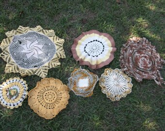 Vintage FALL Crochet Doilies Gold and Brown Doilies Sewing Supplies Crochet Lace Doilies Fall Decor Handmade Table Runner Set of 7