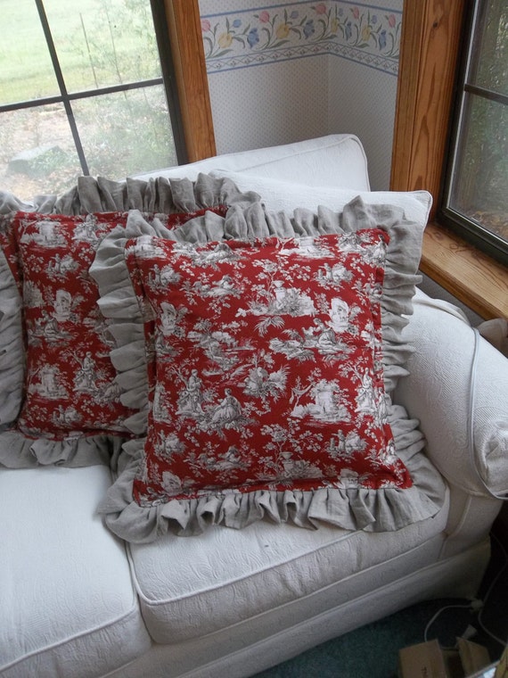 Pair Ruffled Toile Pillows Custom Sizes Red Toile Linen Etsy
