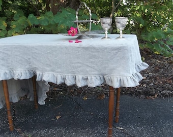 Custom Fitted Linen Tablecloth with Ruffle, French Country Slipcover - Custom Sizes