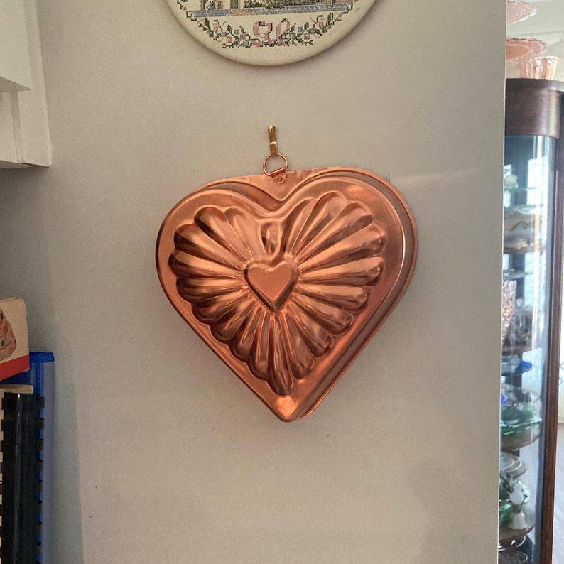 Vintage Copper Heart Mold Gelatin Molds Heart Cake Pan Farmhouse Kitchen Decor Candy Mold Valentines Day French Country image 4
