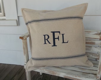 Monogrammed Grain Sack Pillow, Personalized Pillow Sham, Gift, Fabric Choices, Custom Sizes, Handmade, Farmhouse Style Decor