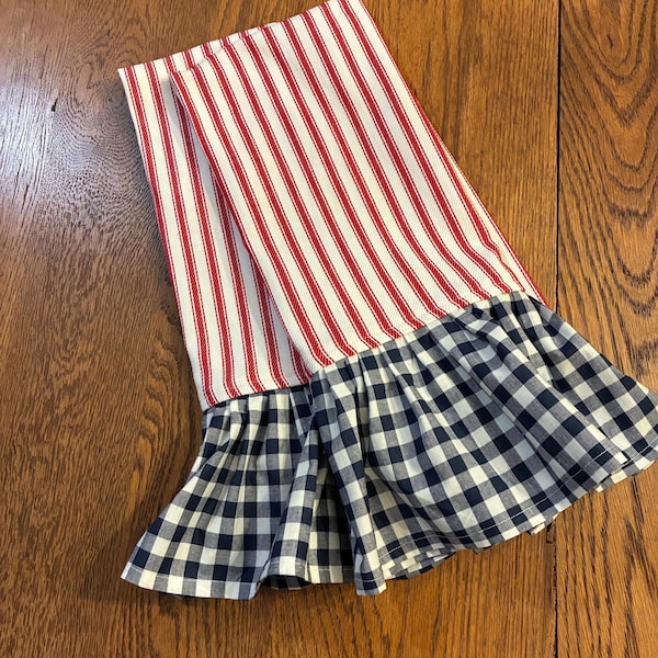 Patriotic Kitchen Towels with Ruffles - Red White Blue July 4 Decor, Set of 2