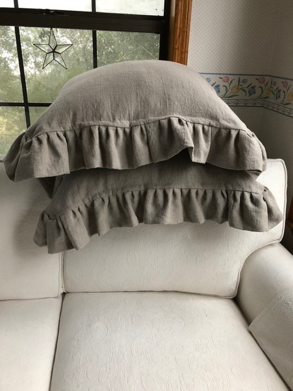 Saro Ruffled Linen Throw Pillow - Natural