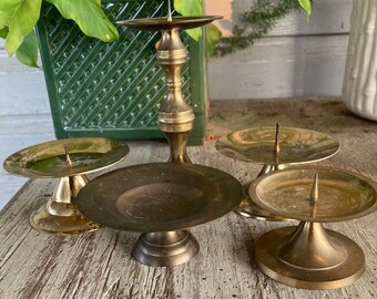 5 Vintage Brass Candle Holders Pillar Candle Holders Brass Candlesticks Rustic Lighting French Country Farmhouse Thanksgiving