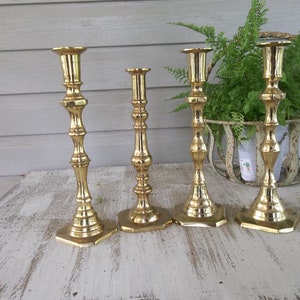 Vintage Brass Candle Holders Lighting Rustic Wedding Decor Table Settings 4 Candlesticks French Country Farmhouse Prairie Cottage image 4