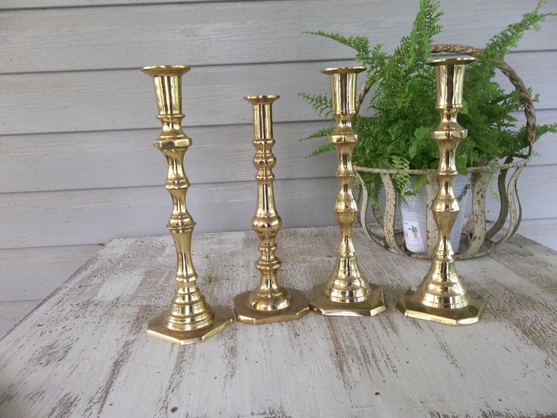 Vintage Brass Candle Holders Lighting Rustic Wedding Decor Table Settings 4 Candlesticks French Country Farmhouse Prairie Cottage image 4