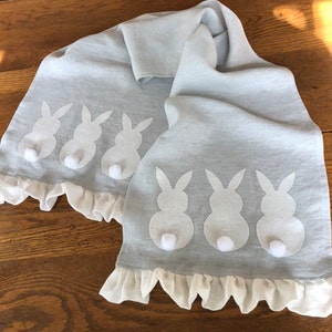 Easter Table Runner Ruffles - French Blue Linen Runner with White Bunnies - Custom Sizes available - Handmade by misshettie