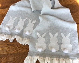 Easter Table Runner Ruffles - French Blue Linen Runner with White Bunnies - Custom Sizes available - Handmade by misshettie