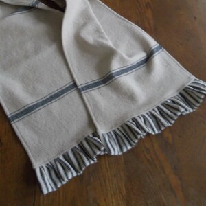 Grain Sack Table Runner with Ticking Stripe Ruffle - Farmhouse Table Linens - 10 x 56 Runner - Custom Runners Available