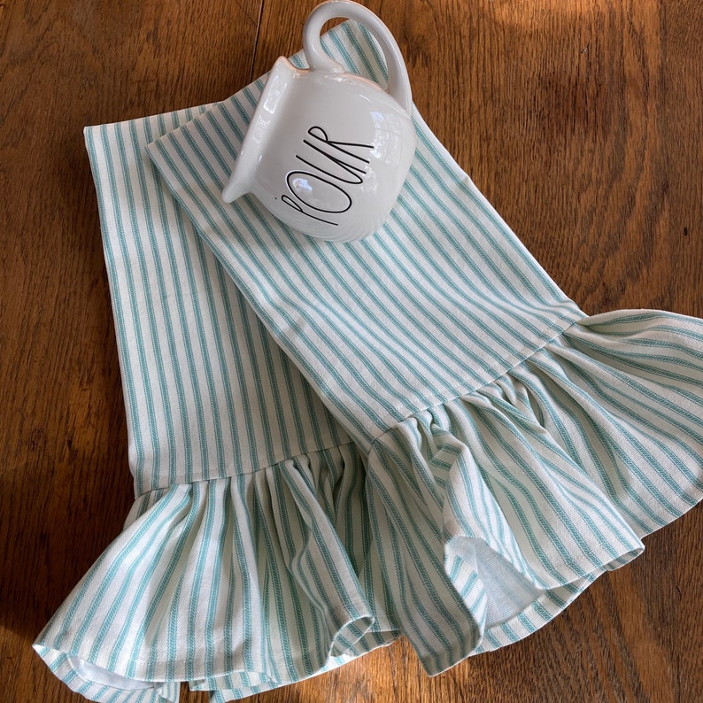 Aqua green ticking towels; towels with ruffles; kitchen towels