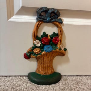 Cast Iron Door Stop -Cast Iron Bookend - Vintage Doorstop - Flower Basket Doorstop -  - She Shed Decor Cast Metal Doorstop MissHettie