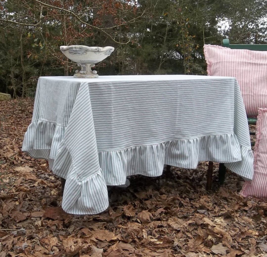Custom Ticking Tablecloth Striped Tablecloth Ruffled Tablecloth French Cooutry Handmade Wedding