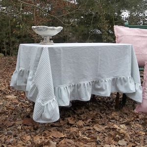 Custom TIcking Tablecloth Striped Tablecloth Ruffled Tablecloth French Cooutry Handmade Wedding Decorations Table Decor Nautical Tablecloth