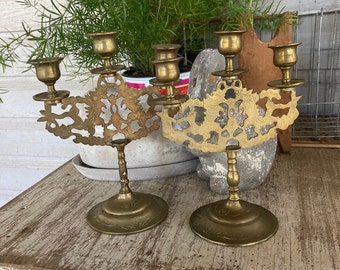 2 Vintage Brass Candle Holders Brass Csndleabras Candleholders Candlesticks  Rustic Lighting French Country - Set of 2 - misshettie