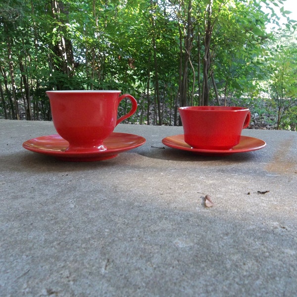 Set Vintage Melamine Dinnerware Mismatched Pair RV Dinnerware Melmac Dishes Red Cups Saucers Mid Century Farmhouse Christmas Camping SET