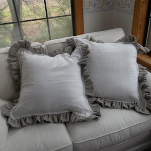 Pair Linen Pillows with Contrasting Ruffles, Washed Linen Pillow Shams, Custom Fabrics Sizes Pillow Covers French Country