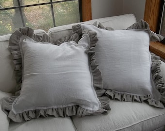 Pair Linen Pillows with Contrasting Ruffles, Washed Linen Pillow Shams, Custom Fabrics Sizes Pillow Covers French Country