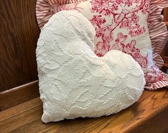 White Chenille Heart Pillow - Vintage Chenille Pillows - Neutral Valentine Pillow - Handmade