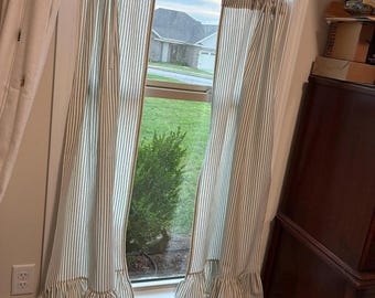 Gray Ticking Ruffled Curtains – Striped Window Treatments  Pair 24W x 51L Handmade Ships Today