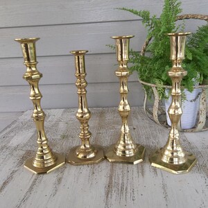 Vintage Brass Candle Holders Lighting Rustic Wedding Decor Table Settings 4 Candlesticks French Country Farmhouse Prairie Cottage image 2