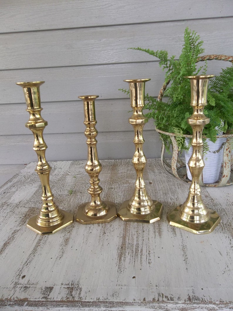 Vintage Brass Candle Holders Lighting Rustic Wedding Decor Table Settings 4 Candlesticks French Country Farmhouse Prairie Cottage image 2