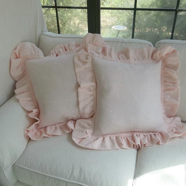 Ruffled Pink Linen Pillows Blush Pink Pillow Shams Custom Sizes Romantic Home Decor More Fabric Choices Available