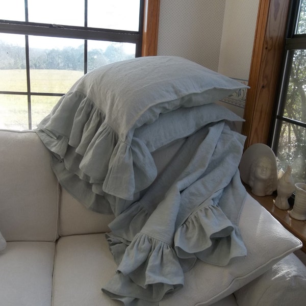French Blue Ruffled Linen Throw Long Ruffled Linen Pillowcases Ruffled Linen Bed Scarf Ruffled Linen Pillows Sold Separately or Set