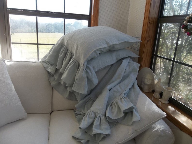 French Blue Ruffled Linen Throw Long Ruffled Linen Pillowcases Etsy