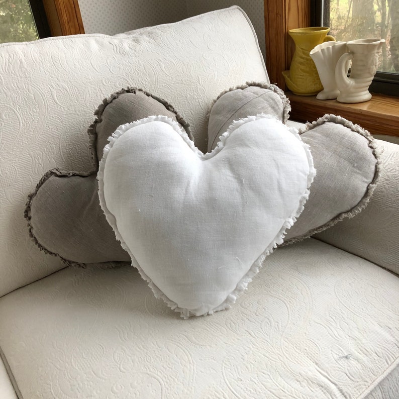 Linen Heart Pillows Neutral Valentines Day Decor Frayed Edge Heart Pillow Choose your Color Handmade by misshettie image 2