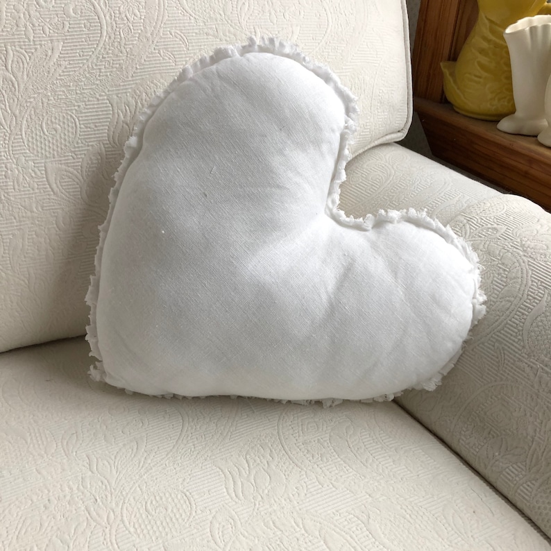 Linen Heart Pillows Neutral Valentines Day Decor Frayed Edge Heart Pillow Choose your Color Handmade by misshettie 1 White Heart