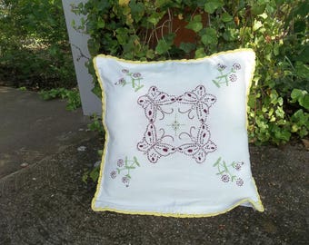 Vintage Embroidered Pillow Sham 14x14 Butterfly Pillow Handmade Crochet Border Cottage French Country