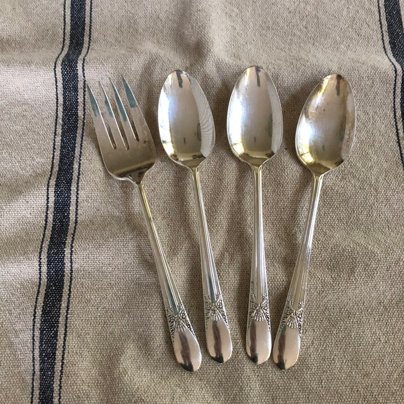 BELOVED Silver Plate Flatware Vintage Silverplate Serving Set Serving Spoons Meat Fork Wedding Decorations Table Decor French Country image 1