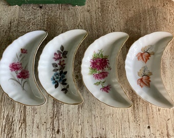4 Vintage Bone Dishes Crescent Shaped Dishes Salad Dishes Made in Japan Cottage She Shed Decor Chic Shabby Pink Roses French Country