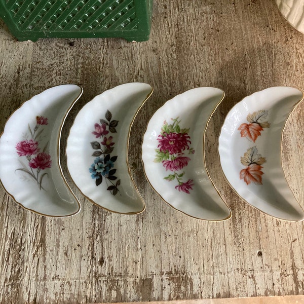 4 Vintage Bone Dishes Crescent Shaped Dishes Salad Dishes Made in Japan Cottage She Shed Decor Chic Shabby Pink Roses French Country