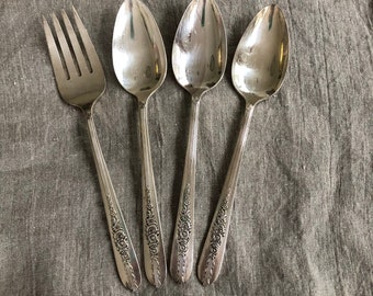 Silver Plate Flatware Serving Set 4 Piece Hostess Set ROYAL ROSE Silver Plate Meat Fork Serving Spoons French Country - misshettie