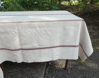 Grain Sack Tablecloth Red Stripe READY to SHIP - 52 x 70 Rustic Tablecloth with Frayed Edges - Handmade by misshettie