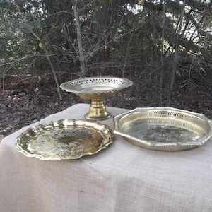 3 Vintage Brass Trays Brass Cake Stand Brass Serving Trays Buffet Server Wedding Decorations Table Decor French Countr Barware  Set of 3